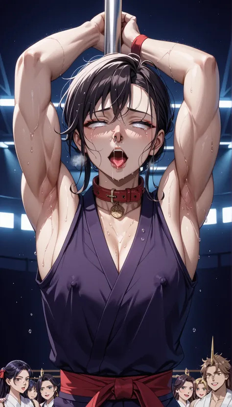                       Very exquisite face close-up, beauty女子 ：1.3,[high,   (肩膀muscles),(thick arms),Her gaze is completely up ,   (  Attention Listeners   ),    (      Turning to the Audience         )   , (Small head),  Sweating  ,   (Very narrow face)   ...