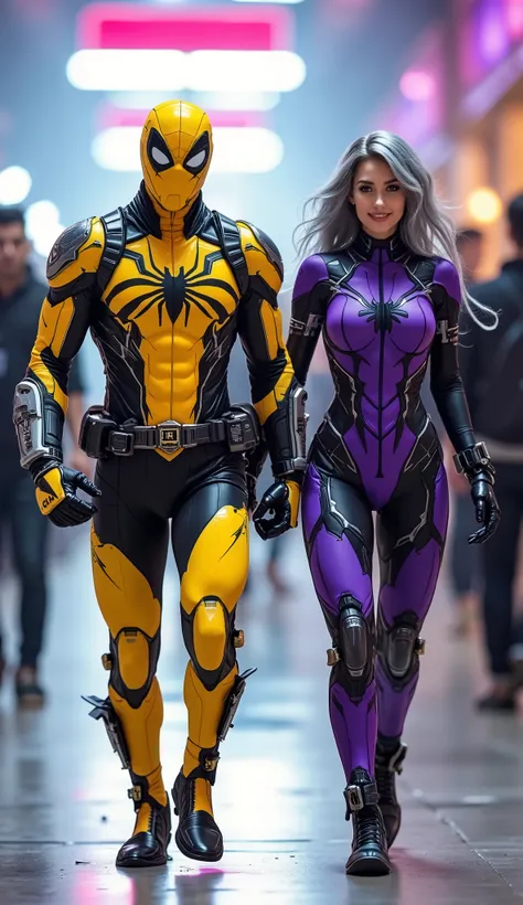 character: 1 man with mask full head wearing futuristic yellow Spider-Man ninja body suit with black silver armor futuristic white accents , and 1 woman grey hair Wearing futuristic purple Spiderman ninja body suit with armor futuristic black accents.
ac...