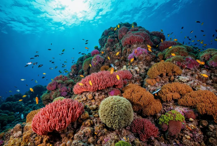 A vibrant coral formation rising from the seafloor, intricate colourful structures teeming with life. Schools of iridescent fish dart and weave through the waving fronds of red and green sea fans and sea whips, their colors shimmering in the soft, blue-gre...