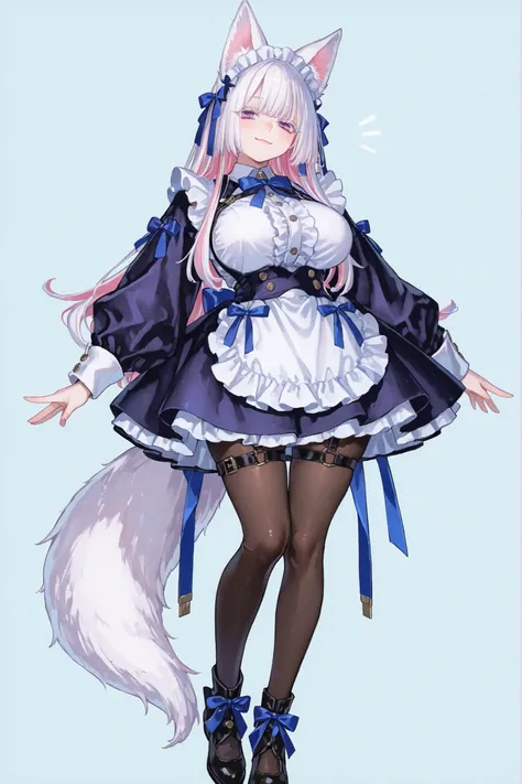   8k wallpaper、    top quality 、masterpiece、fox ears,   748cm スThailandル   、    woman 1 person、ribbon、  cute puffy maid dress with alot of skirt layers and buttons、 cute oversized puffy sleaves 、cute big bow on her back, long fox tail,  pantyhose、 black kn...