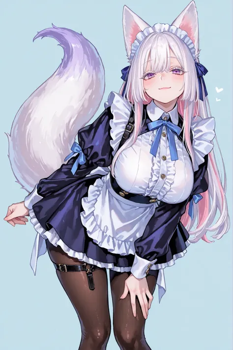   8k wallpaper、    top quality 、masterpiece、fox ears,   748cm スThailandル   、    woman 1 person、ribbon、  cute puffy maid dress with alot of skirt layers and buttons、 cute oversized puffy sleaves 、cute big bow on her back, long fox tail,  pantyhose、 black kn...