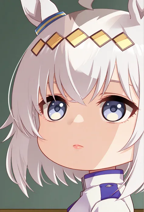 masterpiece,( chibi:1.6),hair ornament\(Uma Musume in uniform\),solo,staring at viewers,Horse Ears,white hair,灰色の髪,lips,portrait,white jacket,Stupid hair,From the side,upbeat student ,upper body,