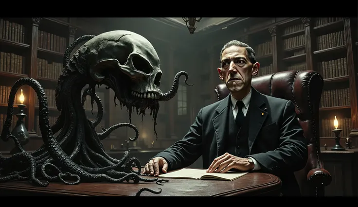 H.P. Lovecraft, sitting at a desk in an Eldritch library, a skull sits on the desk with tentacles coming out of it's orifices, Sci Fi Horror, high detail, masterpiece.