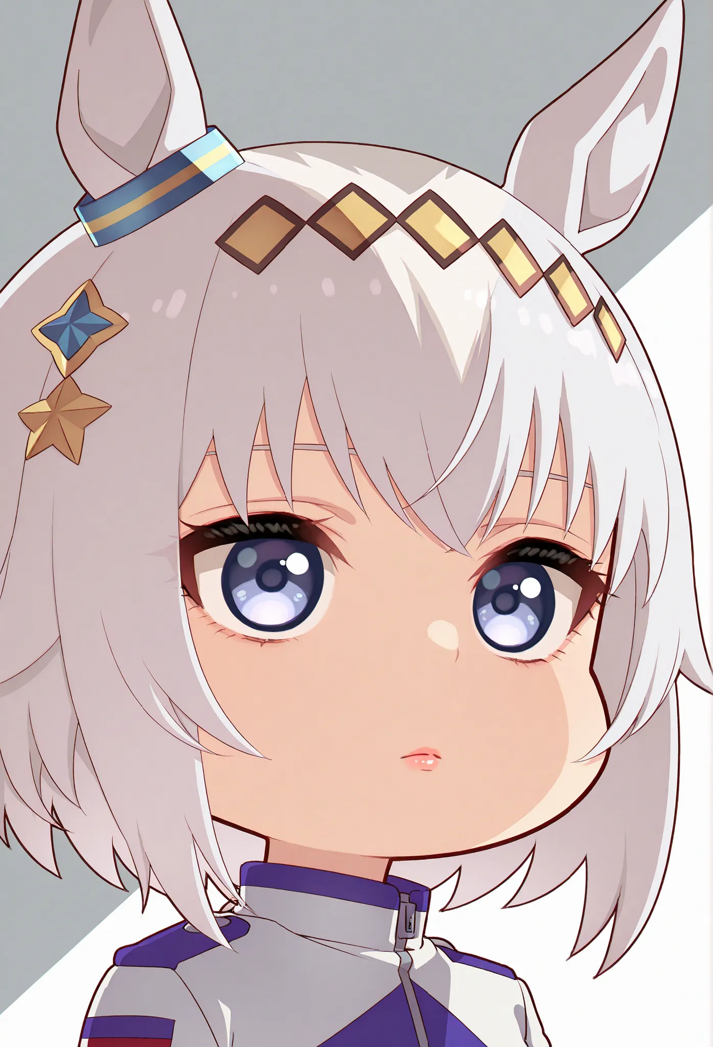 masterpiece，( chibi:1.6)，hair ornament\(Uma Musume in uniform\)，solo，staring at viewers，Horse Ears，white hair，灰色の髪，lips，portrait，white jacket，Stupid hair，From the side，upbeat student ，upper body，