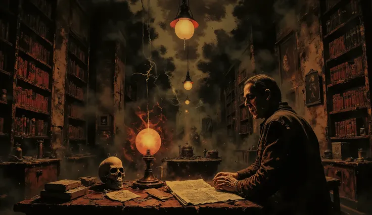 H.P. Lovecraft, sitting at a desk in an Eldritch library, a skull sits on the desk with tentacles coming out of it's orifices, Sci Fi Horror, high detail, masterpiece.