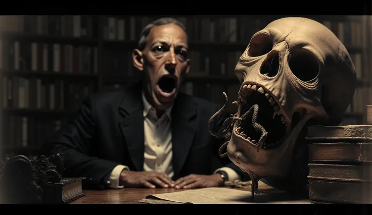 H.P. Lovecraft, sitting at a desk in an Eldritch library, a skull sits on the desk with tentacles coming out of it's orifices, Sci Fi Horror, high detail, masterpiece.