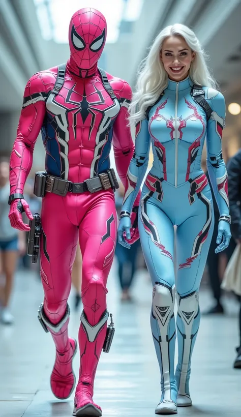 character: 1 man with mask full head wearing futuristic pink Spider-Man ninja body suit with red silver armor futuristic white accents , and 1 woman white hair Wearing futuristic light blue Spiderman ninja body suit with armor futuristic white pink accent...