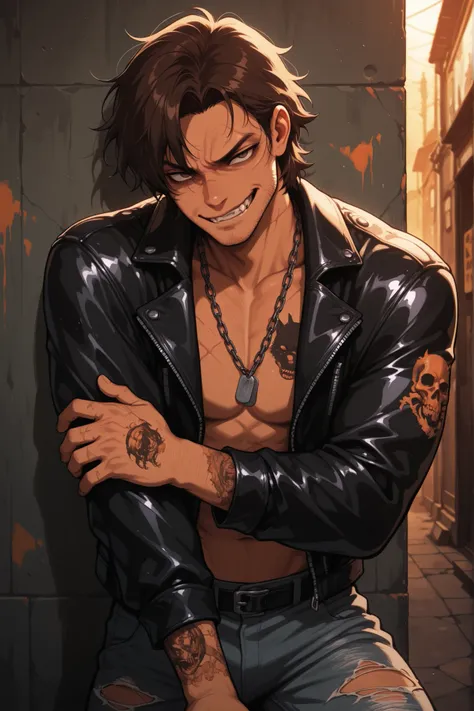 masterpiece, best quality, 32k, high resolution, absurdres, grunge, orange neon, 1boy, rugged, tall, muscular, tanned skin, stubble, scars, messy dark brown hair, golden wolf eyes, leather jacket, ripped jeans, shirtless under jacket, dog tags, chain neckl...