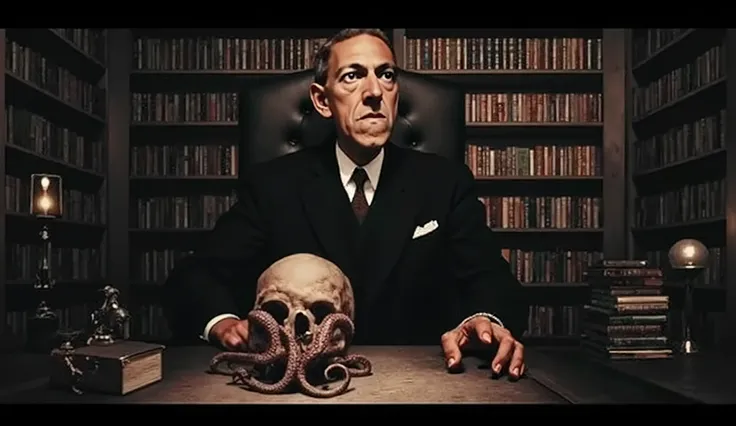 H.P. Lovecraft, sitting at a desk in an Eldritch library, a skull sits on the desk with tentacles coming out of it's orifices, Sci Fi Horror, high detail, masterpiece.