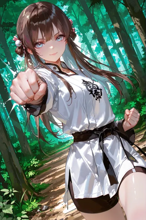 1girl, Gu Xian’er, light blue eyes, dark brown hair, long hair, odango hair, martial art uniform, outdoors, standing, forest, looking at viewer, detailed hands, punching, dutch angle, dynamic pose, sexy, beautiful, confident smile, very pretty , best quali...