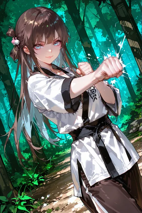 1girl, Gu Xian’er, light blue eyes, dark brown hair, long hair, odango hair, martial art uniform, outdoors, standing, forest, looking at viewer, detailed hands, punching, dutch angle, dynamic pose, sexy, beautiful, confident smile, very pretty , best quali...