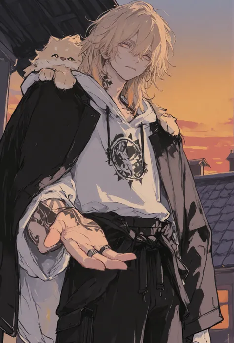 1boy, very handsome, beautiful, messy blonde hair reaching his shoulders, pale amber eyes, white large hoodie with black accents. Black cargo pants, black jacket tied into waist, tattoos on the hand, rings, sitted on a roof, watching the sunset 