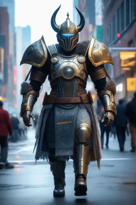 foto , Viking warrior dress cyborg version with human face, imponente, robotic arms and legs futuristic technology, Show the country's grandeur, Viking cyborg style, ultradetalhado, walking in downtown New York's Rio, cinematic
