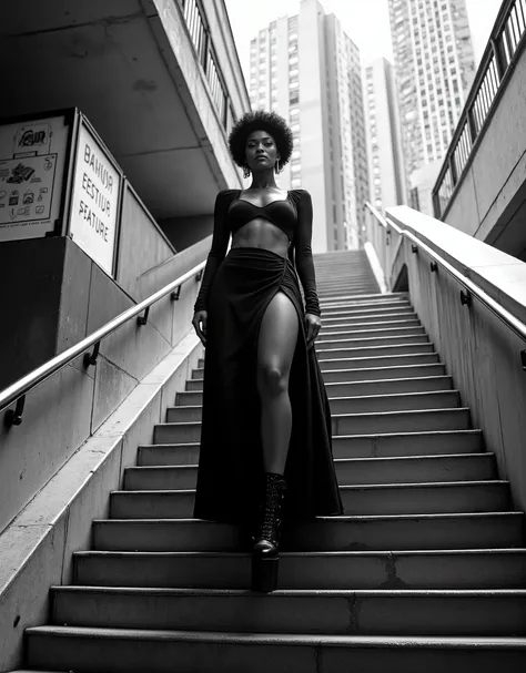A confident Black woman stands in a commanding pose at the top of a wide urban metro station staircase. The scene is shot from above in a dramatic high-angle, emphasizing her presence and power. She wears a long, elegant black dress with a high slit, long ...