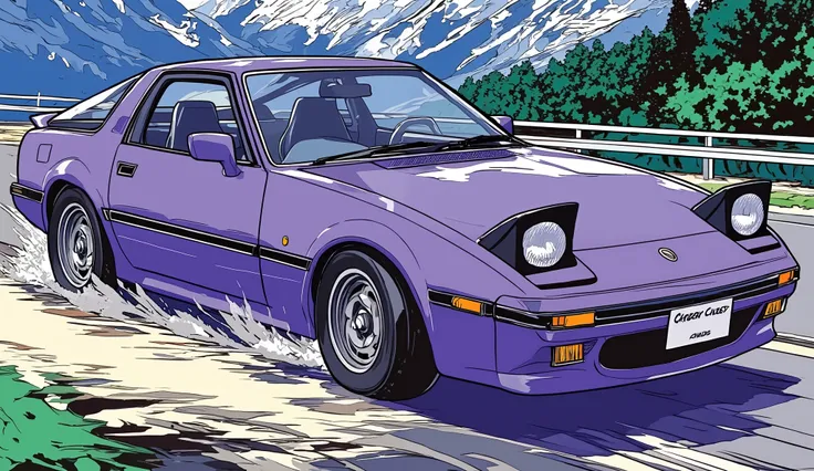 80Era、MAZDA、RX-7(FB)、purple body、noon、running through the pass、sense of speed