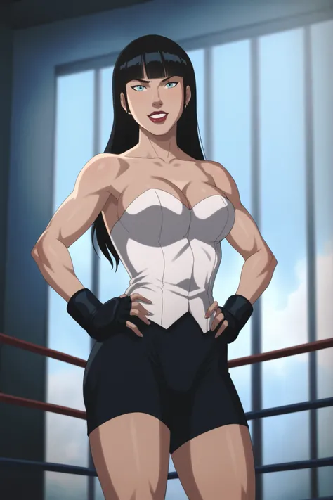 BREAK, score_8_up, score_7_up, score_6_up, score_9, zatannadark, 1girl, solo, black hair, long hair, large breasts, blue eyes, cleavage, blunt bangs, curvy, athletic, lipstick, makeup, looking at viewer, smiling, confident expression, bedroom eyes, topless...