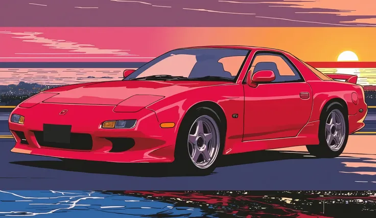 80Era、MAZDA、RX-7(FB)、red body、evening、sunset、Running along the coastline、sense of speed