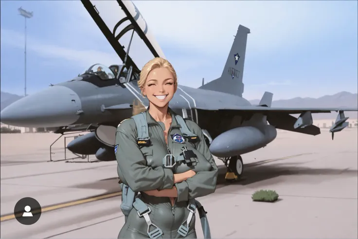 1 extremely curvy girl, Sexy Air Force Pilot, tight flightsuit, hyper breasts, massive breasts, tan boots,  half unzipped, hard covered nipples, long blonde hair,   smiling, detailed, Masterpiece,  