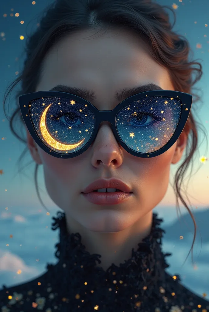Model wearing glass sunglasses,There are stars and moon on the lens