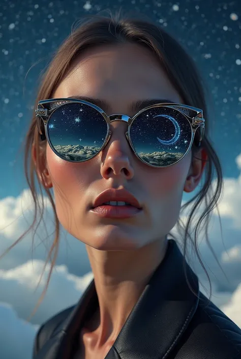 Model wearing glass sunglasses,There are stars and moon on the lens
