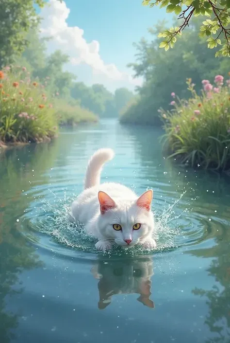 A white cat is swimming in the river