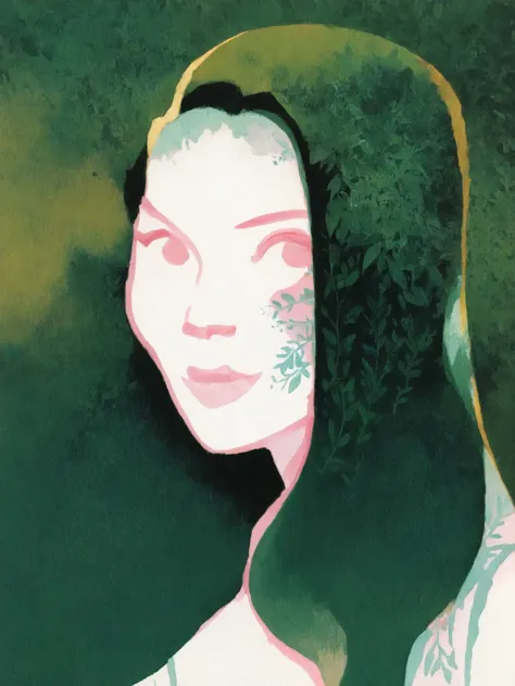 drki, full body portrait, 1girl, pale pink skin, black hair, intricate leaf tattoos, ethereal atmosphere, illustration, gouache painting, heavy gouache texture, soft illustration, 2D art, line art, masterpiece, best quality, 