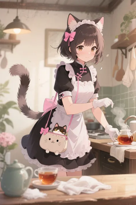Highest Quality、anime style、masterpiece、a stray cat saved by a gentle girl、who has a small cat-shaped bag、「I'm here to return the favor」

Chapter 1 。she works hard to help with brewing tea and cleaning, but is a little clumsy and adorable {x} The girl with cat ears is wearing a ta style dress with a pink bow on her fluffy tail、小さな猫型バッグを持っている、A warm and mysterious everyday heartfull story、appears as a beautiful girl with cat ears at a later date、cute
