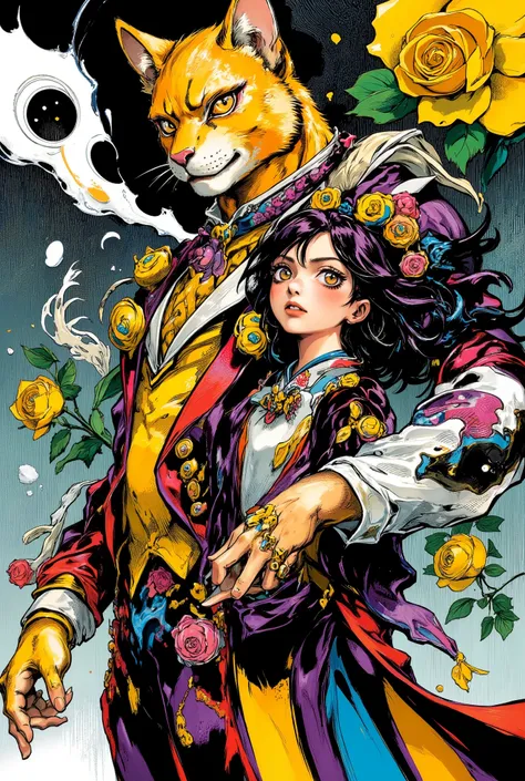 high-detail illustration in the style of Hirohiko Araki, featuring an anthropomorphic dandy cat with vivid yellow-orange fur and piercing eyes, wearing an elegant Victorian-style suit (like Baron), striking an exaggerated JoJo pose with a rose in hand, sta...