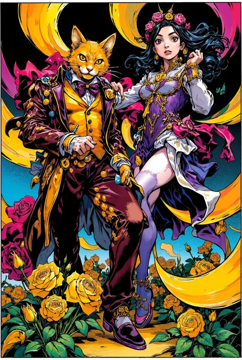 high-detail illustration in the style of Hirohiko Araki, featuring an anthropomorphic dandy cat with vivid yellow-orange fur and piercing eyes, wearing an elegant Victorian-style suit (like Baron), striking an exaggerated JoJo pose with a rose in hand, sta...