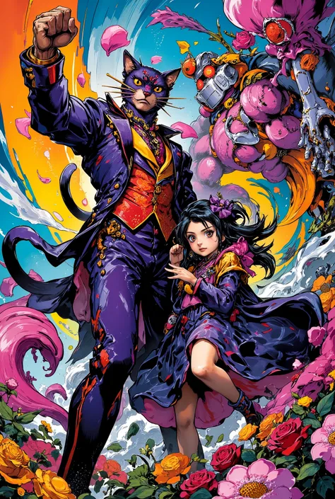 high-detail illustration in the style of Hirohiko Araki, featuring a stylized anthropomorphic cat in a dandy suit (Baron), with sharp eyes and exaggerated JoJo-style posing, standing confidently beside a girl in a school uniform (Haru), who also strikes a ...