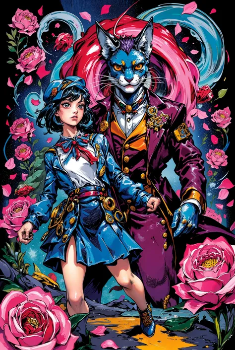 high-detail illustration in the style of Hirohiko Araki, featuring a stylized anthropomorphic cat in a dandy suit (Baron), with sharp eyes and exaggerated JoJo-style posing, standing confidently beside a girl in a school uniform (Haru), who also strikes a ...