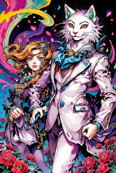 high-detail illustration in the style of Hirohiko Araki, featuring a stylized anthropomorphic white cat in a dandy suit (Baron), with sharp eyes and exaggerated posing, standing confidently beside a girl in a school uniform (Haru), who strikes a dynamic Jo...