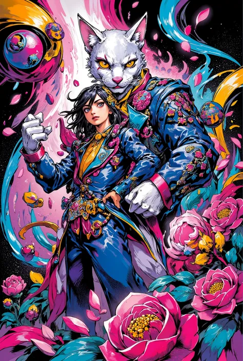 high-detail illustration in the style of Hirohiko Araki, featuring a stylized anthropomorphic white cat in a dandy suit (Baron), with sharp eyes and exaggerated posing, standing confidently beside a girl in a school uniform (Haru), who strikes a dynamic Jo...