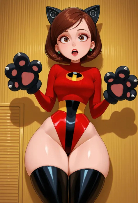 Helen Parr , mature female, medium hair, Bob_cut, brown hair, brown eyes, big eyes, long eyelashes, medium breasts, narrow waist, thick thighs, huge hips, fair skin, thin hands, earrings, makeup, pink lips, lipstick.|  score_9, score_8_up, score_7_up, scor...
