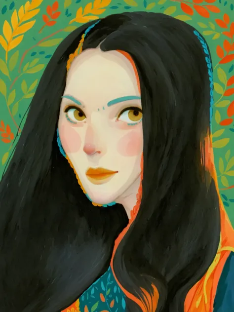 1girl, black hair, fair pale skin, expressive face, black eyes,  long_hair, wearing a vibrant long peasant medieval dress, detailed clothing, sketches, detailed thick gouache painting, illustration, in gougoupaintleaves style:1.5, novuschroma04 style

