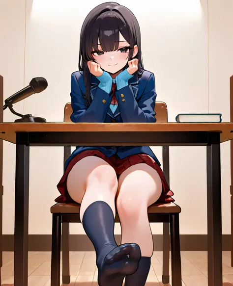 masterpiece, Kumi-san, is the best quality,  Very beautiful design , Very high definition,  illustration, anime, 2., _Choco, black eyes, black hair, long hair, school uniform, blue sweater, Blazer, long sleeves, scheme, latex skirt, red skirt, transparent ...