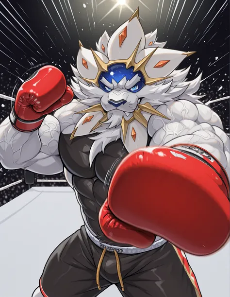 high quality, b0xingp0v, mercilessly punching_the_viewer, foreshortening, motion blur, red boxing gloves, black boxing shorts, depth of field, extreme perspective, extreme closeup, closeup, action shot, boxing, dynamic punching pose, motion lines, impact l...