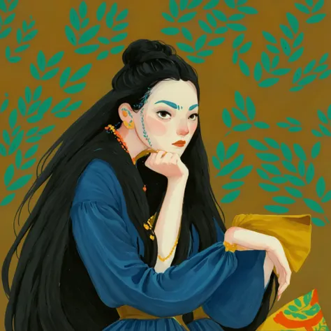 1girl, black hair, fair pale skin, expressive face, black eyes,  long_hair, wearing a vibrant long peasant medieval dress, detailed clothing, sketches, detailed thick gouache painting, illustration, in gougoupaintleaves style:1.5, novuschroma04 style
