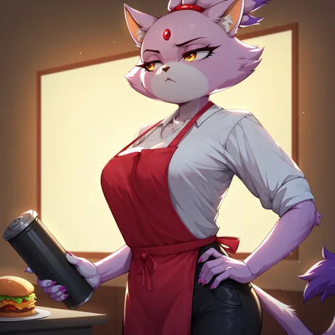 Blaze the cat, masterpiece, ,(solo:1.1), perfect face, (bright lighting:1.2),beautiful detailed eyes, extremely detailed face, perfect lighting,masterpiece, best quality, 1girl, furry, antropomorfic, fur, using white shirt, a white normal shirt, short slee...
