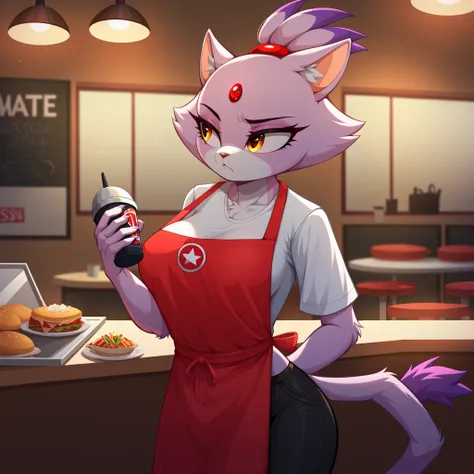 Blaze the cat, masterpiece, ,(solo:1.1), perfect face, (bright lighting:1.2),beautiful detailed eyes, extremely detailed face, perfect lighting,masterpiece, best quality, 1girl, furry, antropomorfic, fur, using white shirt, a white normal shirt, short slee...