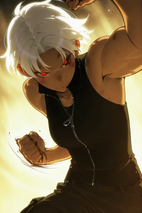 Beautifull, Athletic body, toned body, alone, woman, , white hair, black red eye, tan, black sleeveless turtle neck shirt with a open zipper, black cargo pants, , intricate sketch, expressive eyes nose and mouth, punching pose, bruised fists , 2d, solo lev...