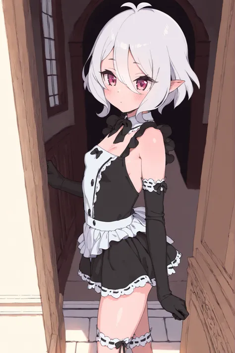 masterpiece, quality eyes, best quality,  kokkoro, 1girl,solo, small breasts, silver hair, black maid outfit, short skirt, Long gloves to elbow, black gloves, in side house , standing,  shiny eyes,Lunch_style,Bright eyes,in mansion,footpath,