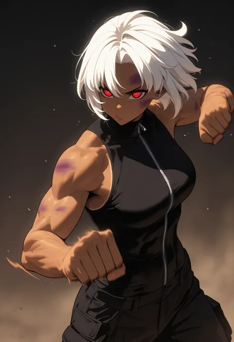 Beautifull, Athletic body, toned body, alone, woman, , white hair, black red eye, tan, black sleeveless turtle neck shirt with zipper, black cargo pants, , intricate sketch, expressive eyes nose and mouth, punching pose, bruised fists , 2d, solo leveling a...