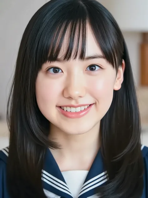 
(((black hair:1.4))), long hair, bangs, Elementary school student, (wearing  dark navy winter sailor uniform, dark navy long-sleeve, sailor collar and sailor cuffs with three white stripes, white neckerchief, classic and intellectual sailor-style), upper ...