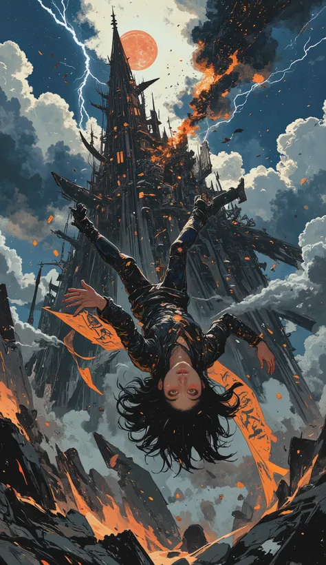 A young woman tumbles through a stormlit sky, her hair streaming like ink across thunderclouds. Her dark armor is fractured, burning at the edges as though struck by divine flame. Behind her, the shattered remains of a great obsidian tower crumble mid-air,...