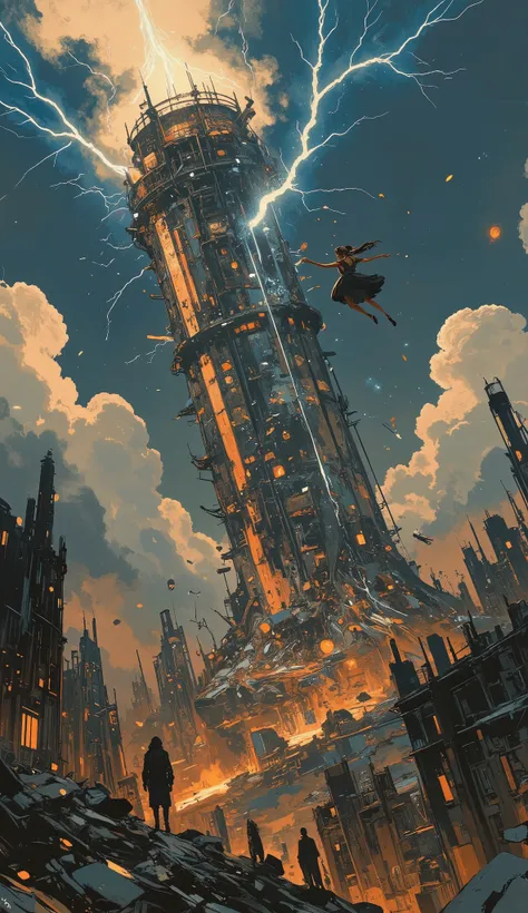 a young girl falling from high tower, tower destroyed by lightning, rubble falling, ashes, burning, 8k, detailed, photorealistic, cinematic lighting, dramatic pose, scared expression, flowing dress, wind effects, dramatic clouds, moody lighting, volumetric...