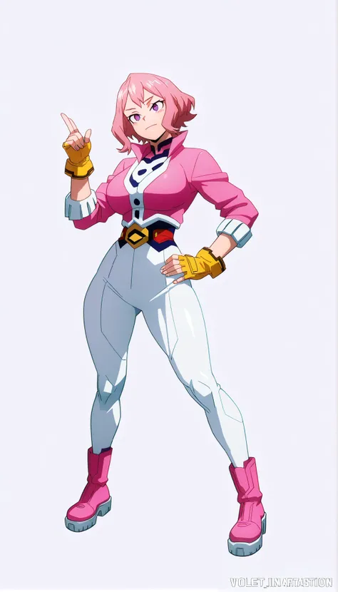 My Hero Academia style, Anime girl, Women, trend in artstation pixiv, (full body photo:0.5), wide hips, wide thighs, big breast, short hair, cabello rosa, violet eyes,  hero costume , traje de cuerpo entero, White suit with cyan blue details.,  pink jacket...