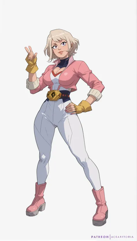 My Hero Academia style, Anime girl, Women, trend in artstation pixiv, (full body photo:0.5), wide hips, wide thighs, big breast, short hair, cabello rosa, violet eyes, hero costume , traje de cuerpo entero, White suit with cyan blue details., pink jacket...