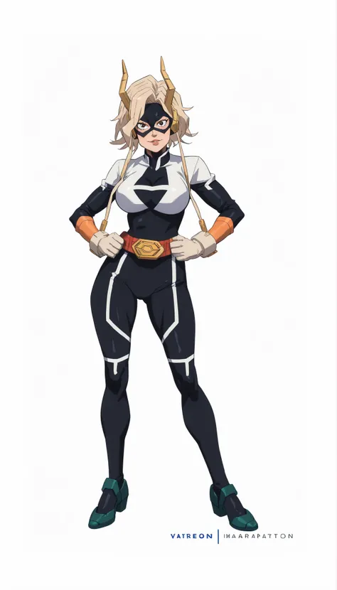 My Hero Academia style, Anime girl, Women, trend in artstation pixiv, (full body photo:0.5), wide hips, wide thighs, big breast, head cover, hull, face covering, Mascara,  hero costume , full body costume, white suit with black top, perfect anatomy, super ...