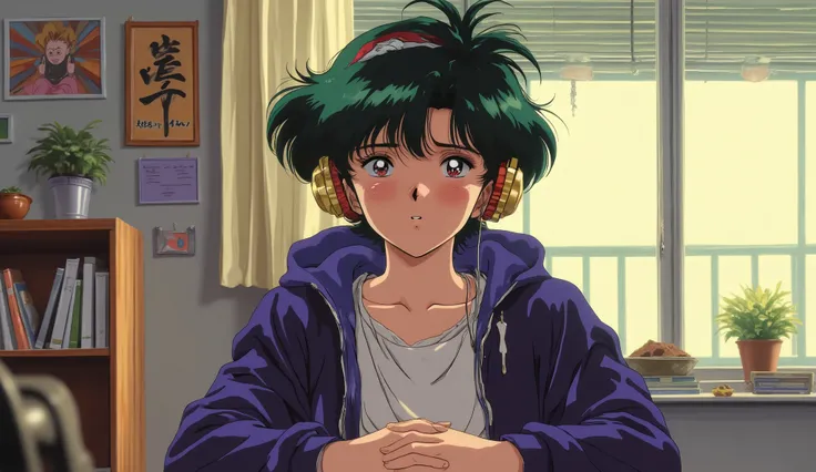 ((RAW photo), absurd, (absurd resolution)), masterpiece, armor, (Extremely detailed 8k unity CG wallpaper), (Leon with jacket and headphones, sitting in his room in the middle of the day, retro anime style, praise, pastel colors,